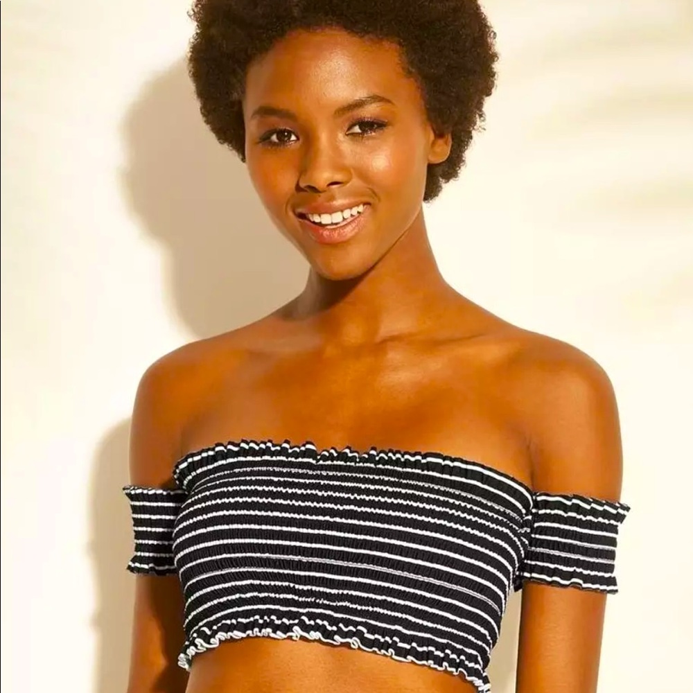 Xhilaration Smocked Underwire Off-the-Shoulder Black & White Striped Bikini Top
